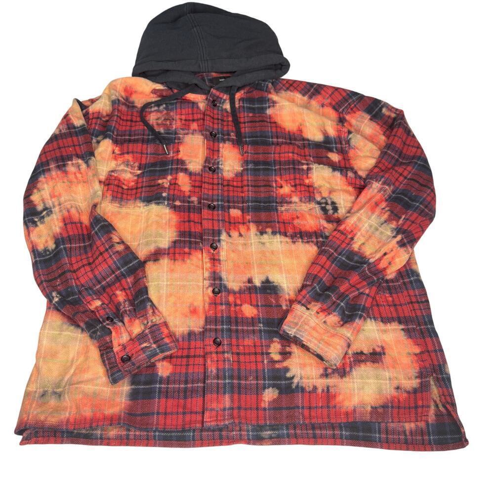 Urban Outfitters Mens Medium Bleached Hood Flannel Button-Down Shirt Red Orange
